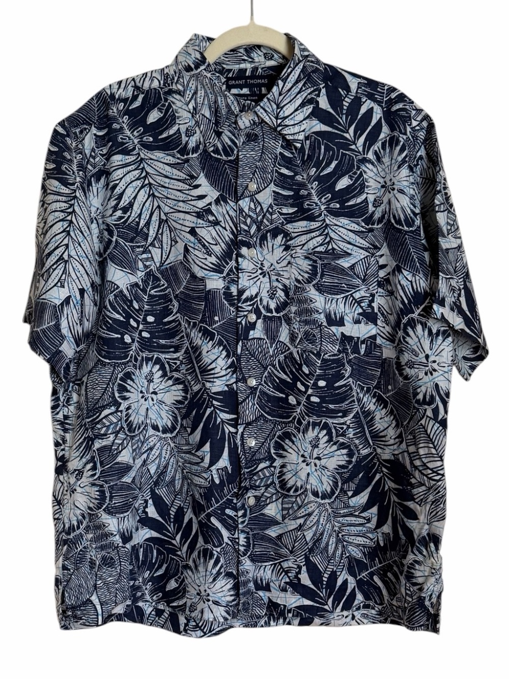 Grant Thomas Navy and White Tropical Print Short-Sleeve 100% Linen Button-Up